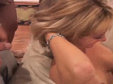 Big breasted blonde nympho Sandy gets her mouth filled with warm cum